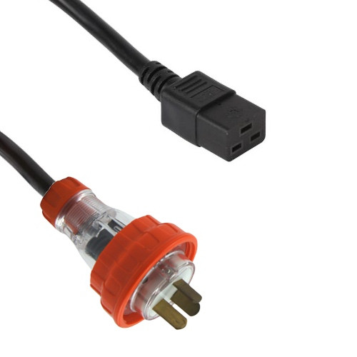 Captive 20A Flat Pin plug - IEC (60320) C19 16A socket, Black lead (2.5mm2)