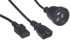 IEC C14 10A plug - 1x IEC C13 10A & 1x GPO (AS3112) 10A sockets, Black lead